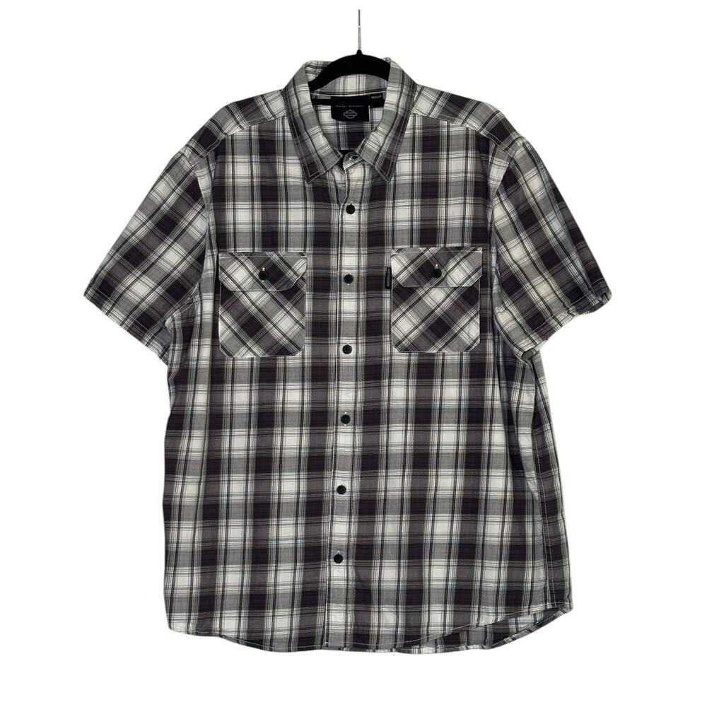 Harley Davidson gray white plaid short sleeves button shirt size XL